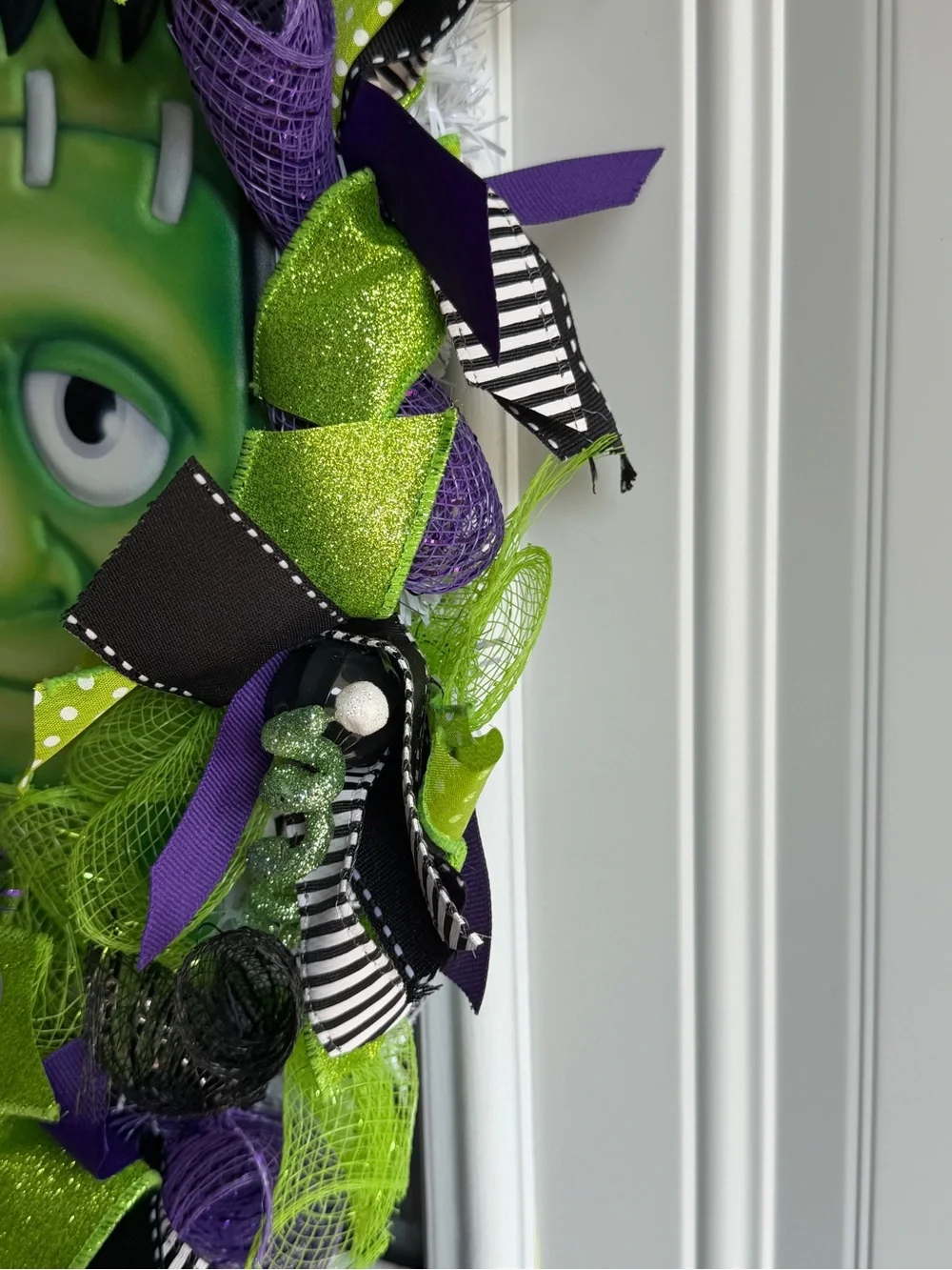 Frankenstein Halloween Door Wreath Swag Lighted Deco Mesh Purple Green Handmade